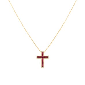 Collier 750/18 K Gelbgold mit Rubinen & Diamanten 0.23 ct H/si, Kreuz