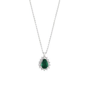 Collier or gris 750/18 ct, diamants 0.11 ct H/si & émeraude 0.34 ct