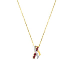 Necklace with Pendant 750/18 K Yellow Gold with Rubies & Diamonds 0.02ct.