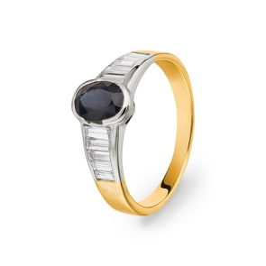 Damenring 750/18 K Gelb-/ Weissgold mit Saphir & Diamanten 0.65 ct H/si, Ø 56