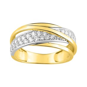 Bague or jaune 750/18 ct bicolore avec zircones, Fantaisie