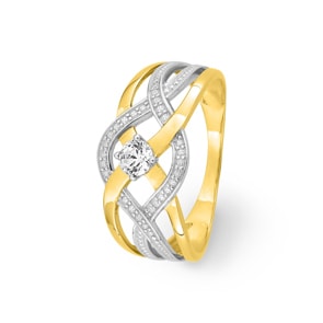 Bague or jaune 750/18 ct bicolore avec zircones solitaires fantaisie