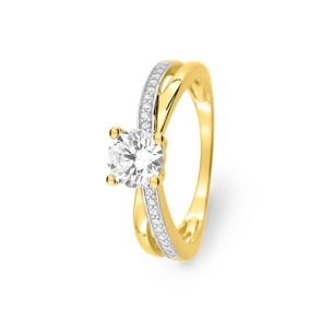 Bague 750/18 K or jaune bicolore avec zircones solitaires fantaisie