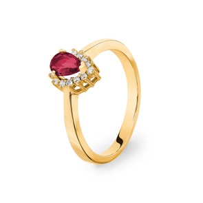 Damenring 750/18 K Gelbgold, Diamanten 0.11 ct H/si & Rubin 0.56 ct