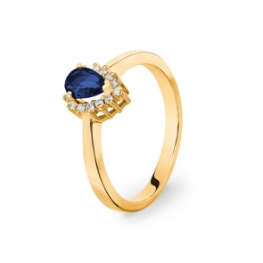 Damenring 750/18 K Gelbgold, Diamanten 0.11 ct H/si & Saphir 0.46 ct