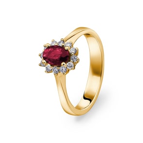 Damenring 750/18 K Gelbgold, Diamanten 0.17 ct H/si & Rubin 0.78 ct
