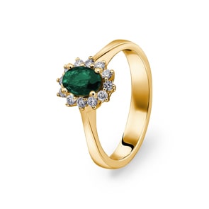 Damenring 750/18 K Gelbgold, Diamanten 0.17 ct H/si & Smaragd 0.38 ct