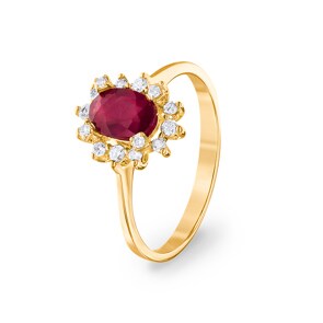 Bague or jaune 750/18 ct avec diamants 0.22 ct H/si et rubis 1.23 ct