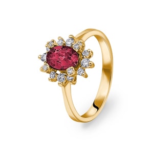 Damenring 750/18 K Gelbgold, Diamanten 0.22 ct H/si & Rubin 1.23 ct
