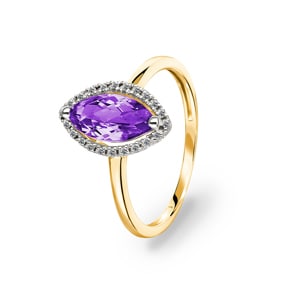 Damenring 750/18 K Gelbgold mit Amethyst Marquise und Diamanten 0.06 ct H/si