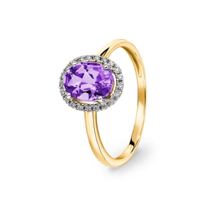 Damenring 750/18 K Gelbgold mit Amethyst oval und Diamanten 0.06 ct H/si