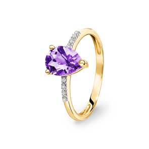 Damenring 750/18 K Gelbgold mit Amethyst Tropfen und Diamanten 0.02 ct H/si