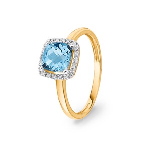 Bague or jaune 750/18 ct avec topaze bleue coussin et diamants 0.06 ct H/si