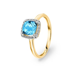 Damenring 750/18 K Gelbgold mit Blautopas Kissen und Diamanten 0.06 ct H/si