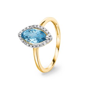 Bague or jaune 750/18 ct avec topaze bleue marquise et diamants 0.06 ct H/si