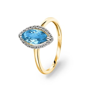 Damenring 750/18 K Gelbgold mit Blautopas Marquise und Diamanten 0.06 ct H/si