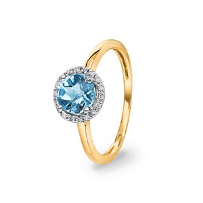 Bague or jaune 750/18 ct avec topaze bleue et diamants 0.05 ct H/si