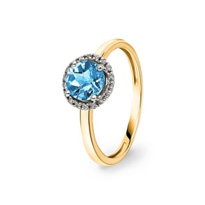 Damenring 750/18 K Gelbgold mit Blautopas rund und Diamanten 0.05 ct H/si