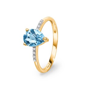 Bague or jaune 750/18 ct avec topaze bleue poire et diamants 0.02 ct H/si