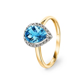 Damenring 750/18 K Gelbgold mit Blautopas Tropfen und Diamanten 0.06 ct H/si