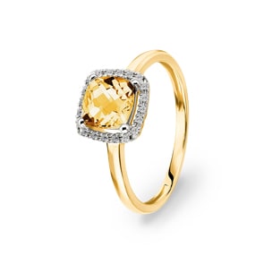 Damenring 750/18 K Gelbgold mit Citrin Kissen und Diamanten 0.06 ct H/si