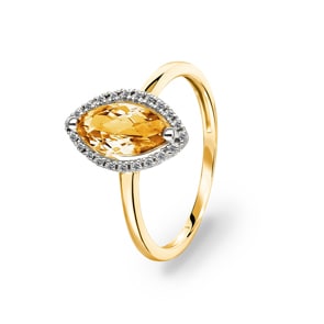 Damenring 750/18 K Gelbgold mit Citrin Marquise und Diamanten 0.06 ct H/si