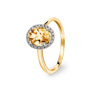 Damenring 750/18 K Gelbgold mit Citrin oval und Diamanten 0.06 ct H/si