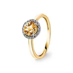 Bague or jaune 750/18 ct avec citrine ronde et diamants 0.05 ct H/si