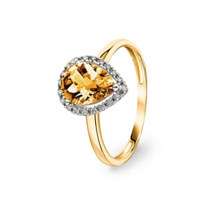 Damenring 750/18 K Gelbgold mit Citrin Tropfen und Diamanten 0.06 ct H/si