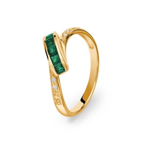 Bague or jaune 750/18 ct avec diamants 0.02 ct H/Si et émeraudes Ø 52