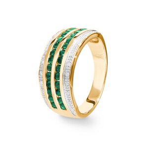 Bague or jaune 750/18 ct avec diamants 0.08 ct H/Si et émeraudes