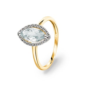 Damenring 750/18 K Gelbgold mit grünem Amethyst Marquise und Diamanten 0.06 ct H/si