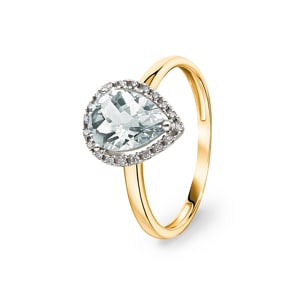 Damenring 750/18 K Gelbgold mit grünem Amethyst Tropfen und Diamanten 0.06 ct H/si
