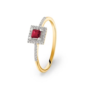 Damenring 750/18 K Gelbgold mit Rubin und Diamanten 0.09 ct H/si