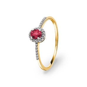 Damenring 750/18 K Gelbgold mit Rubin oval & Diamanten 0.08 ct H/si