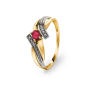 Damenring 750/18 K Gelbgold mit Rubin oval und Diamanten 0.01ct.