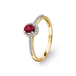 Damenring 750/18 K Gelbgold mit Rubin oval und Diamanten 0.12 ct H/si