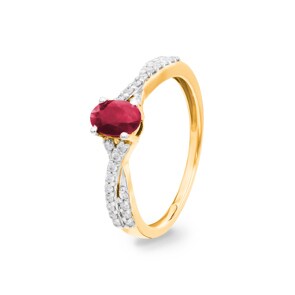 Damenring 750/18 K Gelbgold mit Rubin oval und Diamanten 0.13 ct H/si