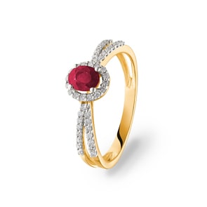 Damenring 750/18 K Gelbgold mit Rubin oval und Diamanten 0.19 ct H/si