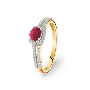 Damenring 750/18 K Gelbgold mit Rubin oval und Diamanten 0.20 ct H/si
