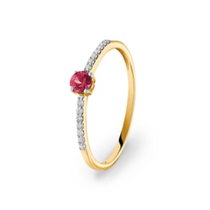 Damenring 750/18 K Gelbgold mit Rubin rund & Diamanten 0.07 ct H/si