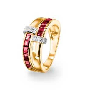 Bague or jaune 750/18 ct avec rubis carrée 1.72ct. & diamants 0.07ct.