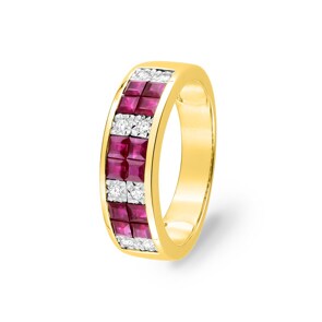 Bague or jaune 750/18 ct avec rubis carrée et diamants 0.12ct.