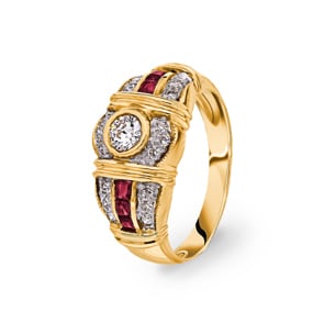 Damenring 750/18 K Gelbgold mit Rubinen & Diamanten 0.18 ct H/si Ø 53