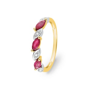 Damenring 750/18 K Gelbgold mit Rubinen Marquise und Diamanten 0.03ct.