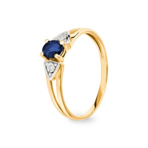 Damenring 750/18 K Gelbgold mit Saphir oval & Diamanten 0.01ct.