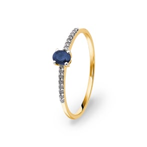 Damenring 750/18 K Gelbgold mit Saphir oval & Diamanten 0.07 ct H/si