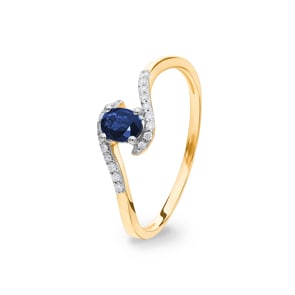 Damenring 750/18 K Gelbgold mit Saphir oval und Diamanten 0.07 ct H/si