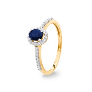 Damenring 750/18 K Gelbgold mit Saphir oval und Diamanten 0.12 ct H/si