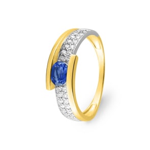 Damenring 750/18 K Gelbgold mit Saphir oval und Zirkonia
